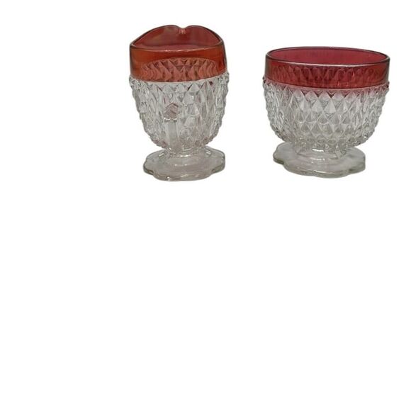 Vintage Indiana Glass Ruby Red Trim Diamond Point Cream and Sugar Set - Picture 4 of 11
